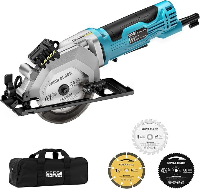 Seesii Mini Circular Saw with Laser Guide,4.8A 4000 RPM Compact Corded Circular Saw with Rip Guide,3 Blades (4-1/2") for Wood,Soft Metal,Tile,Plastic Cutting,Max Cut Depth 1-11/16"(90°),1-1/8" (45°)