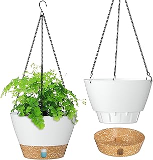 ZMTECH 2pcs 10 Inch Hanging Planter (White) for Indoor and Outdoor Plants Flower Pot with Visible Water Level Tray Self-Wa...