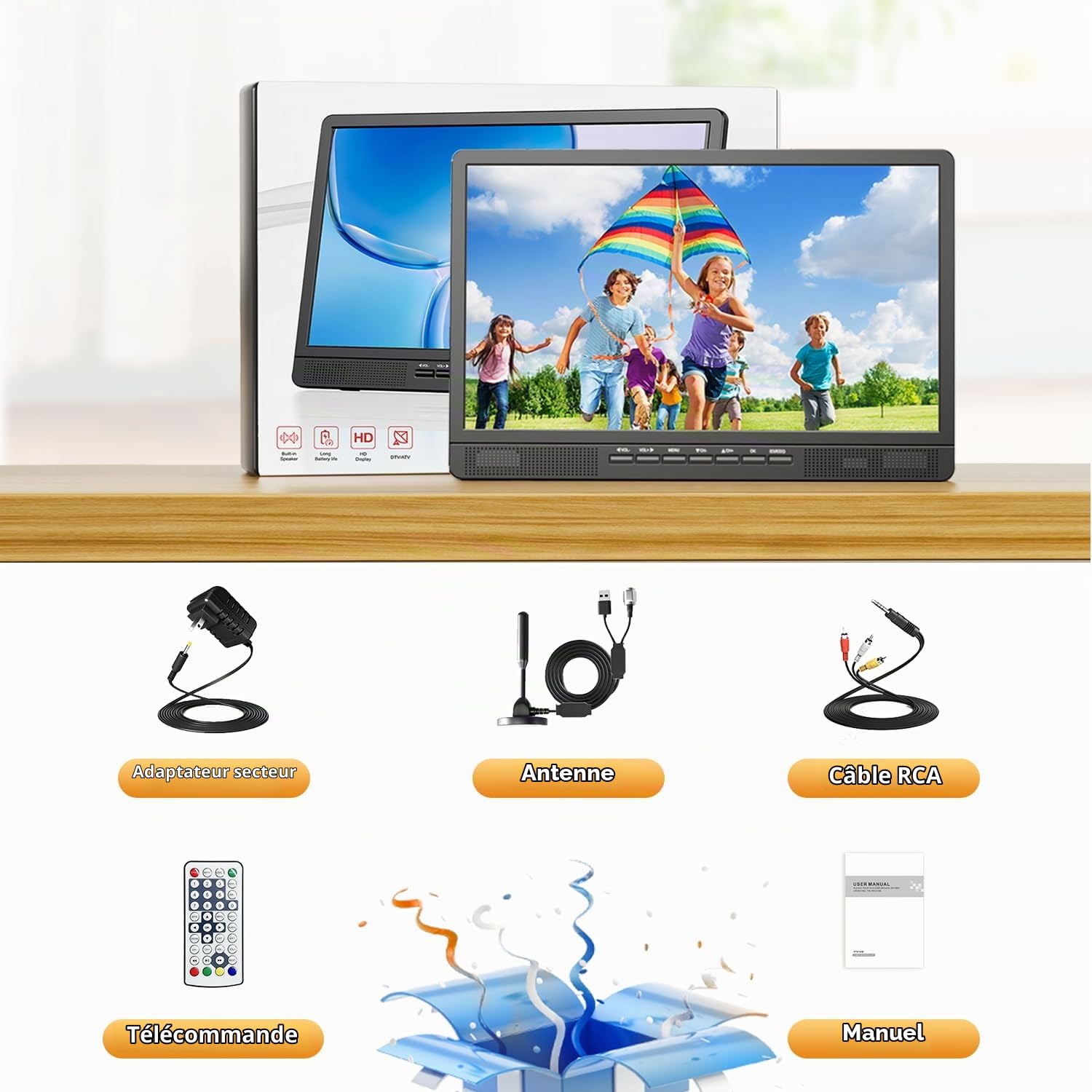 Desobry TV Portable 18 Pouces avec antenne, Mini TV avec Tuner DVB/T2 | Mini téléviseur LCD 12V, HD 1080P, pour Le Camping en Plein air, la Chambre, la Cuisine, supporte Les entrées USB/HDMI/AV