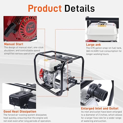 Miniatura 4 de Bomba de agua de motor de gas de 4 tiempos 6.5HP, bomba de transferencia de agua de 210 CC 4.8 KW, bombas de riego de jardín y estanques para