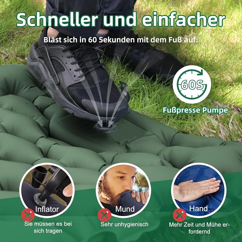 Shuoo Önfelfújó Kempingmatrac 12cm Vastag 72cm Széles - Ultrakönnyű Vízálló Matrac Lábpumpával és Párnával Túrázáshoz