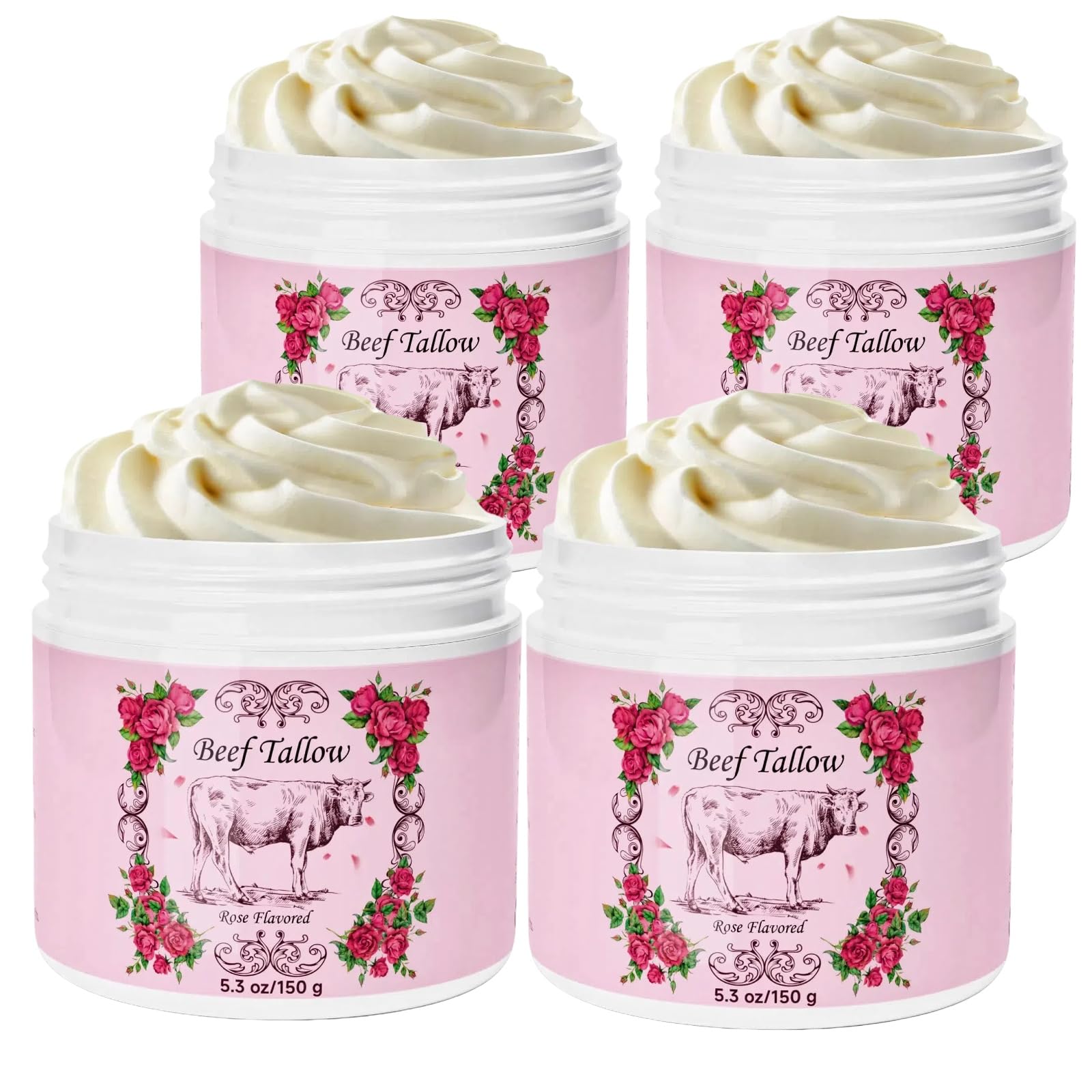 OutccogoWhipped Beef Tallow for Skin, Beef Tallow for Face, Rose Face Moisturizer, 5.3 OZ Extra Size Rose Scent Whipped Natural Tallow Blam Grass Fed Tallow Cream Moisturizer Body Lotion,4 Pack