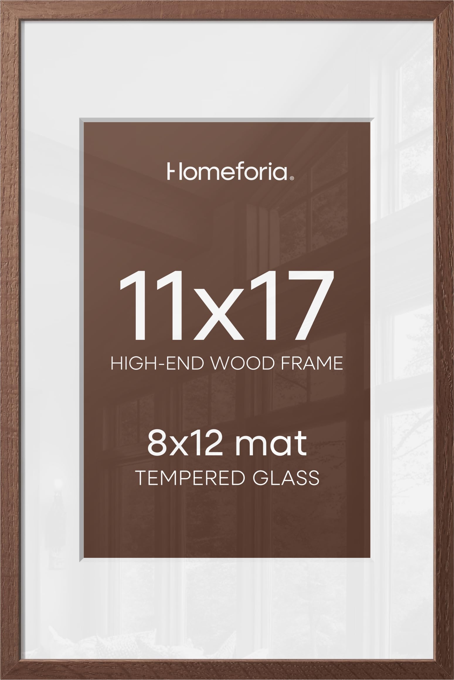 Homeforia 11x17 Brown Oak Picture Frame, High-End Wood, 8x12 Mat, Glass | High End Solid Oak Wood, Tempered Glass, Acid-Free 8x12 Removable Mat, 11x17 Edge-to-Edge Display 17x11, Wall Kit, Set Of 2