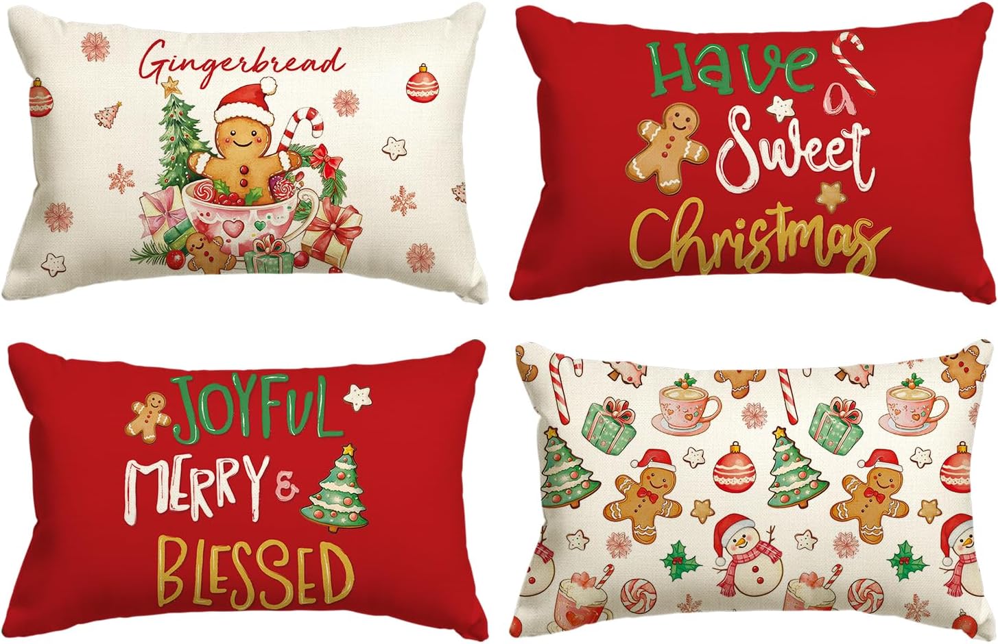 AVOIN colorlife Have a Sweet Christmas Gingerbread Man Candy Cane Throw Pillow Covers, 18 x 18 Inch Joyful Blessed Red Seasonal Winter Holiday Cushion Case Decoration for Sofa Couch Set of 4