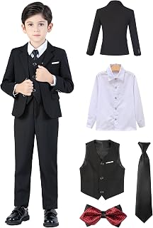 Boy's Suits, 5 Piece Slim Fit Formal Set, Boys Tuxedo Suit Formal, Jacket Vest Pants Dress Shirt and Tie