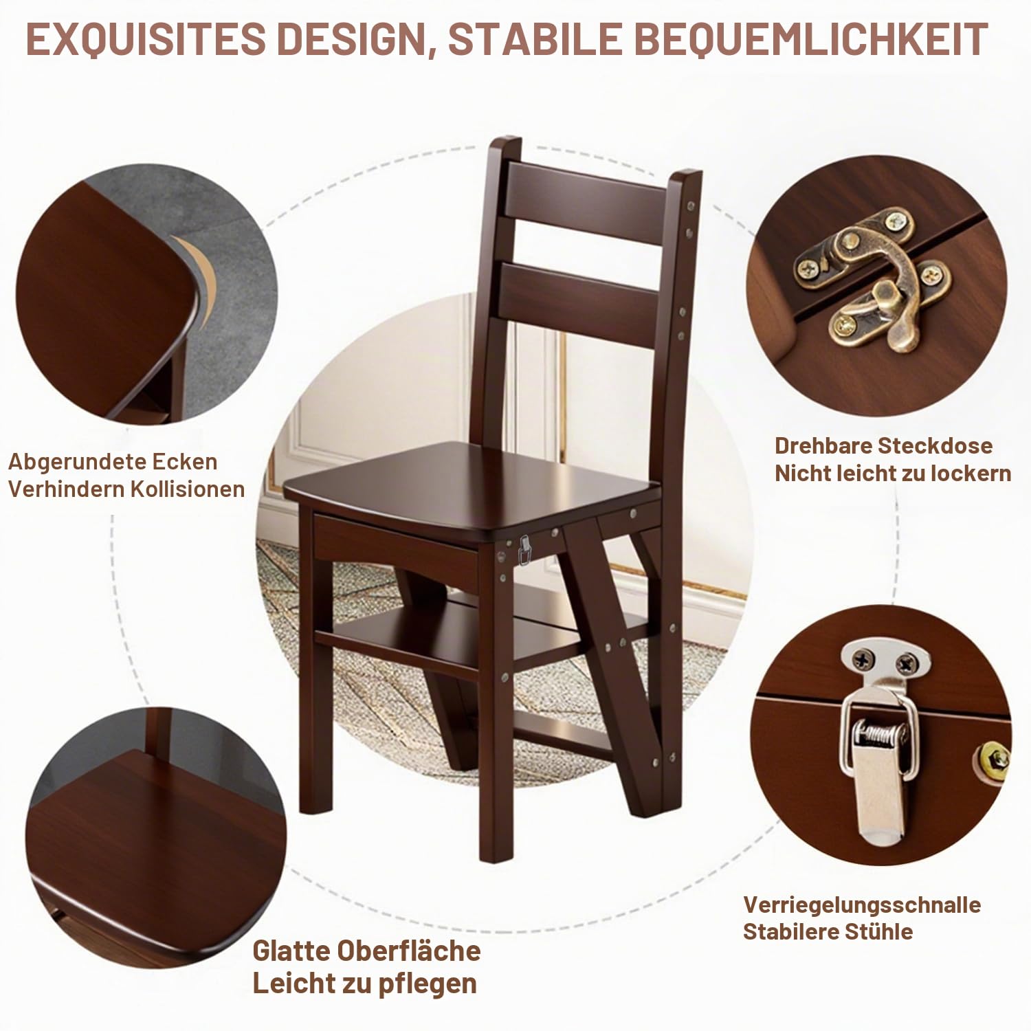 Massivholz 3-in-1 Klappleiter-Stuhl, umwandelbarer Trittstuhl & Ausstellregal, 4-stufige Multifunktionsleiter, doppelte Verwendung für Zuhause, Küche, Bibliothek (Walnussfarbe, 46)