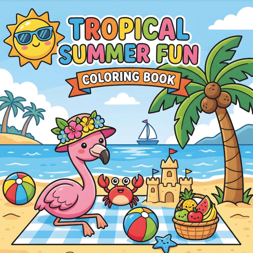 Tropical Summer Fun: Bold and Easy Coloring Book with 76 Simple Pages for Kids and Beginners