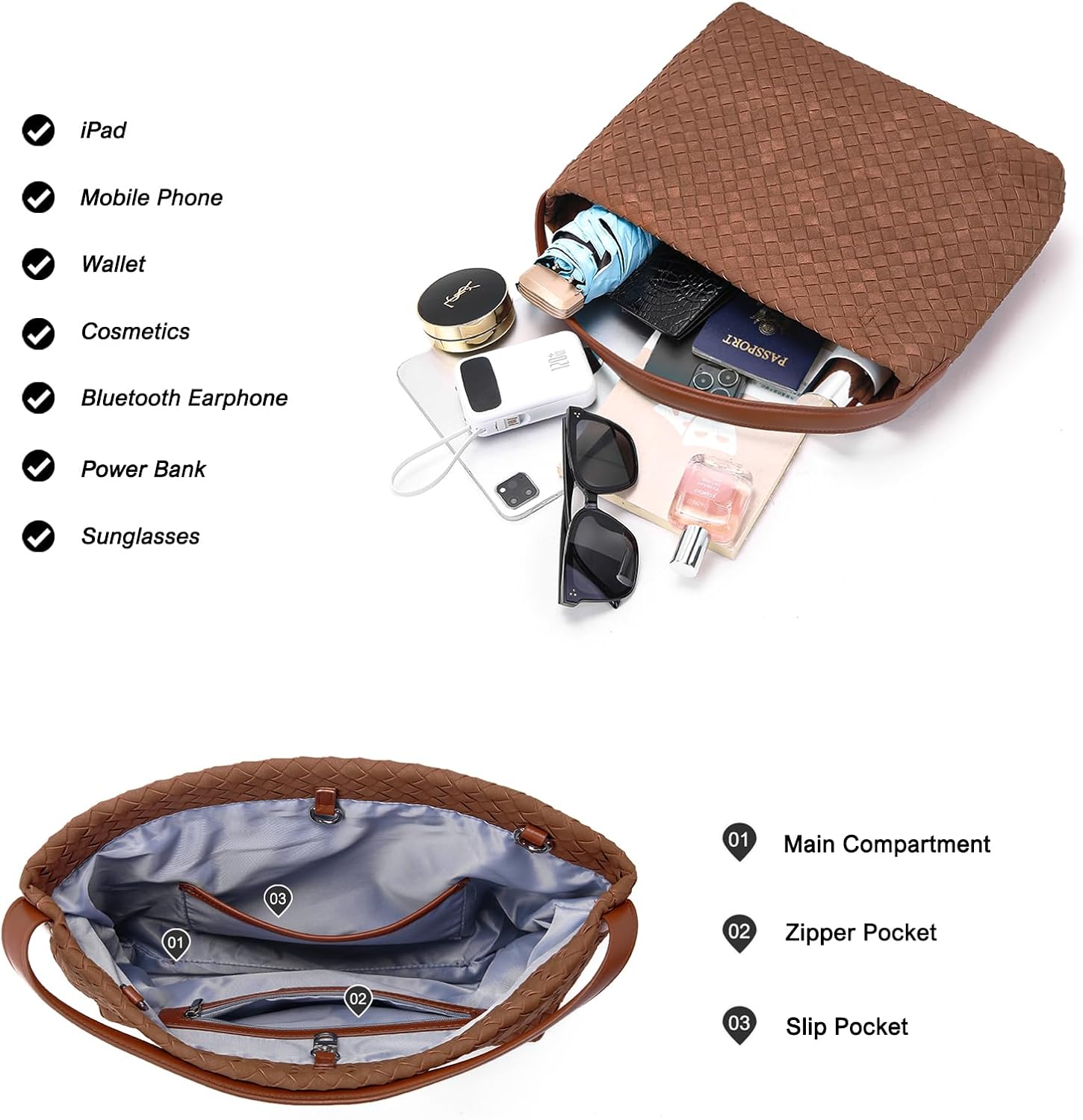 Suede Woven Tote Bag for Women: Handwoven Vegan Leather Purse & Pockets for Style & Travel - Adjustable Strap fits 11" iPad - Image 5