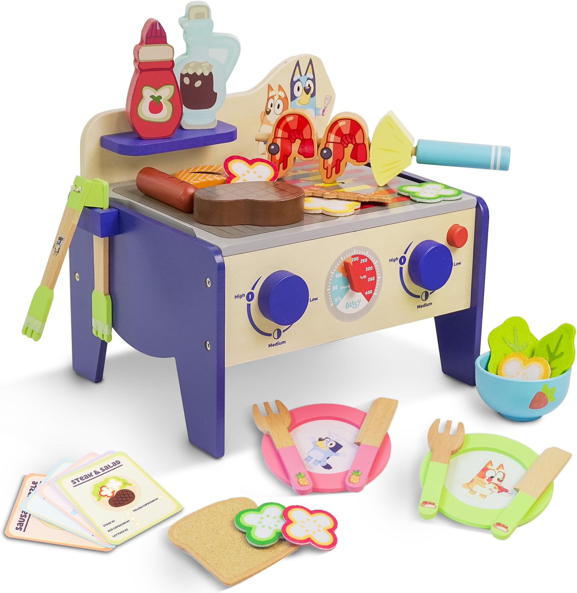 Bluey Wooden BBQ & Salad Playset - 33-Piece Colourful Role-Play Grill Set with Tongs & Food Pieces, FSC-Certified Wood, Realistic Pretend Cooking Toy for Kids 3+, Durable & Eco-Friendly