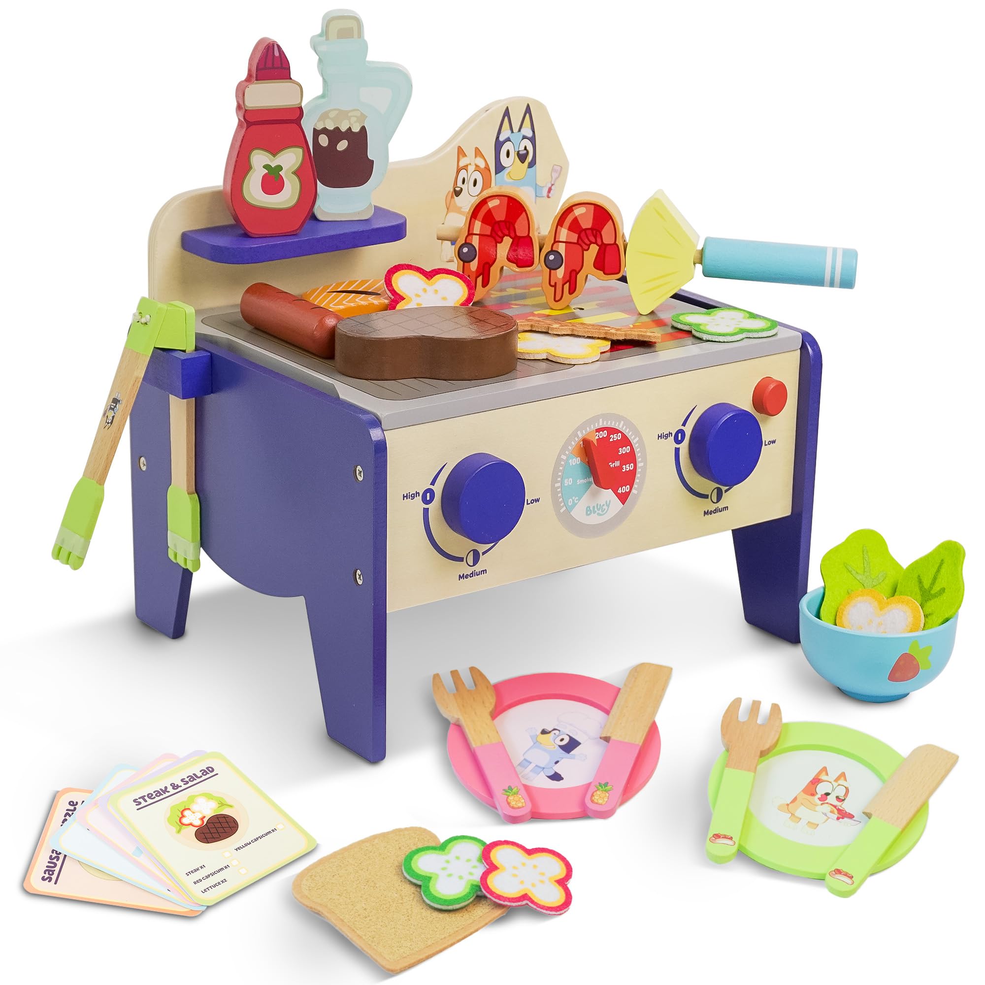 Bluey Wooden BBQ & Salad Playset - 33-Piece Colourful Role-Play Grill Set with Tongs & Food Pieces, FSC-Certified Wood, Realistic Pretend Cooking Toy for Kids 3+, Durable & Eco-Friendly