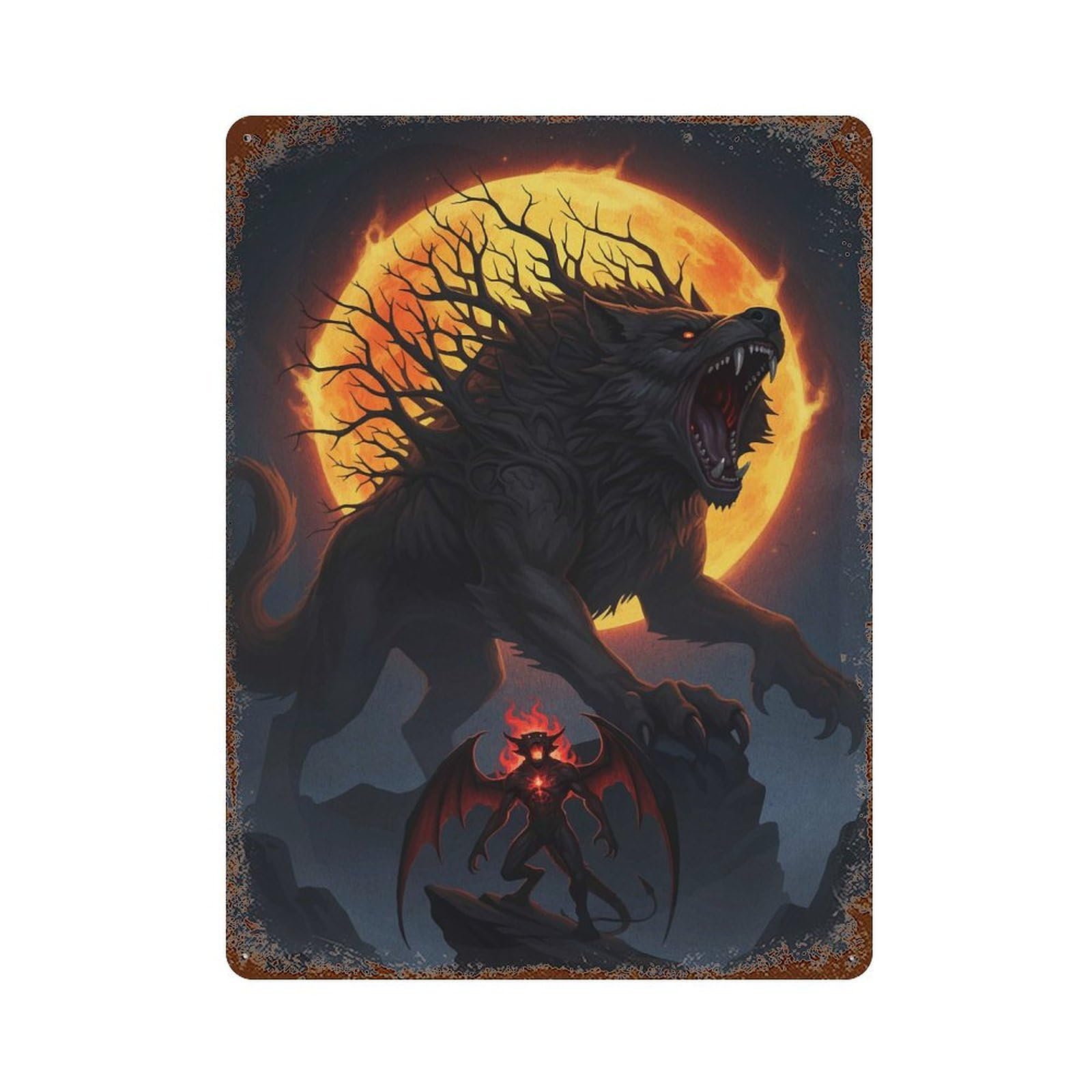 Werewolf And Demon Under Fiery Moon Rust Effect Tin Sign 15.7"x11.8", Old School Wall Decor for Living Room, Hallway And Home Decor