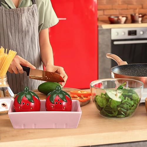Miniatura 6 de Juego de 3 saleros y pimenteros de fresa, bonitos saleros y pimenteros con bandeja rosa, divertidos recipientes de cerámica para almacenamiento de