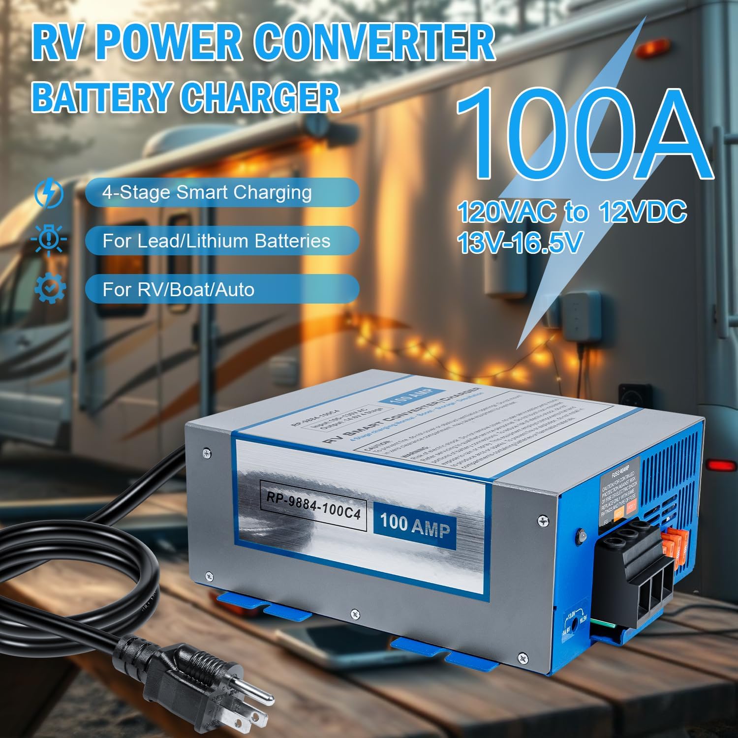 100 Amp RV Power Converter & Battery Charger | 4-Stage Smart Charging for Lead/Lithium Batteries | 120VAC to 12VDC | 13V-16.5V Output | for RV/Boat/Auto (100-Amp)