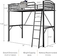 Vista 2 de Cama elevada de metal tamaño individual, cama elevada con cajón lateral, escalera convertible y barandillas de seguridad de longitud completa