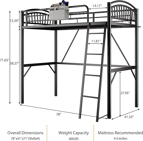Miniatura 2 de Cama elevada de metal tamaño individual, cama elevada con cajón lateral, escalera convertible y barandillas de seguridad de longitud completa,