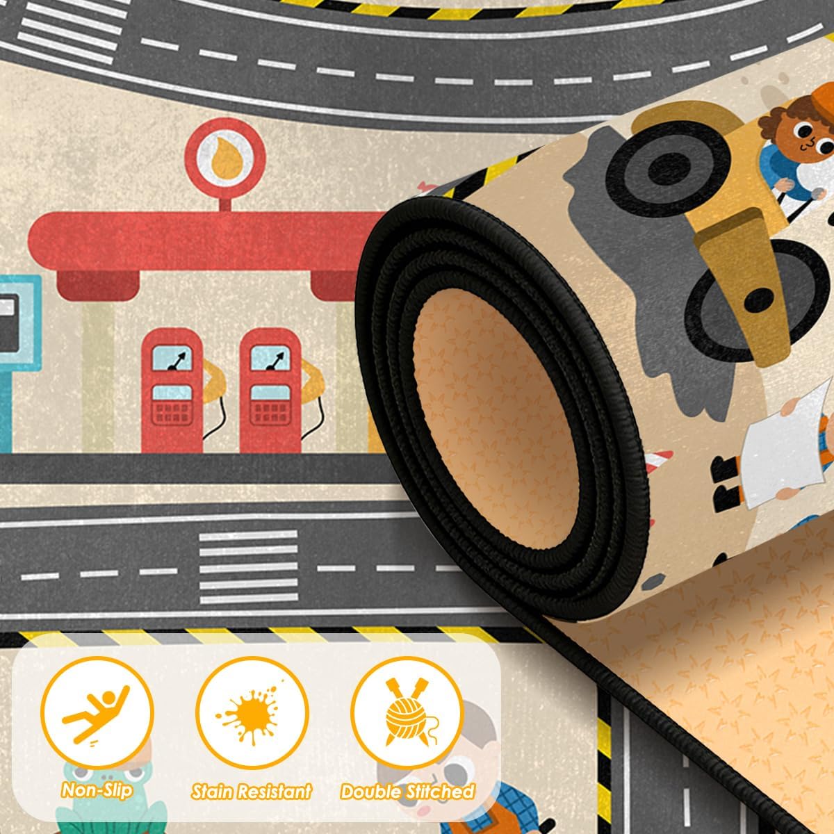 Kids Play Rug Play Mat,Construction Kids Car Play Rug for Toy Cars,Non-Slip Car Playmat Track Road Rugs for Bedroom Nursery Toddler Classroom Playroom