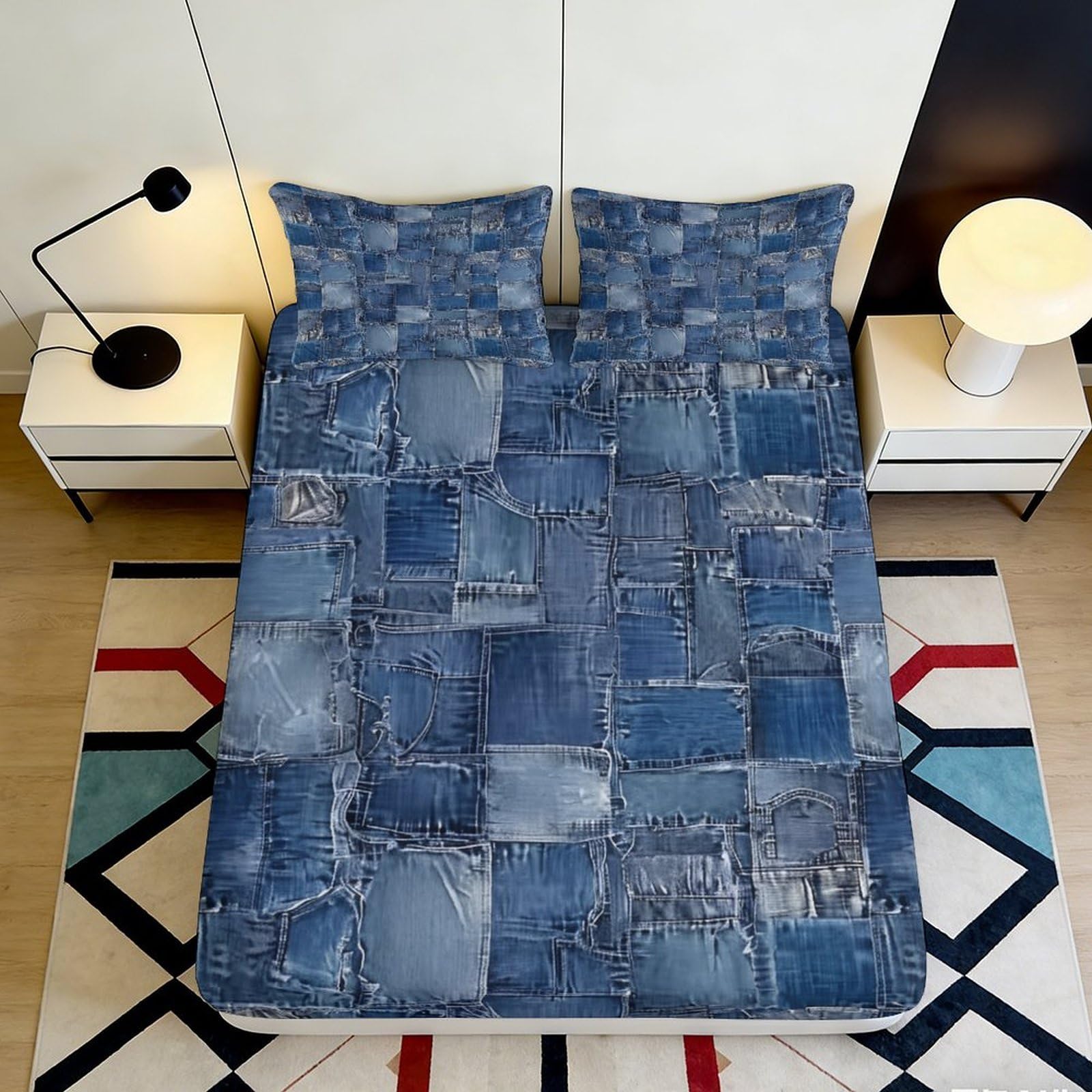 3D Printed Denim Patchwork Fitted Sheet Microfiber Anti-slip Blue Jeans Mattress Cover Bedroom Dorm Decor 120x200cm 140x200x25cm