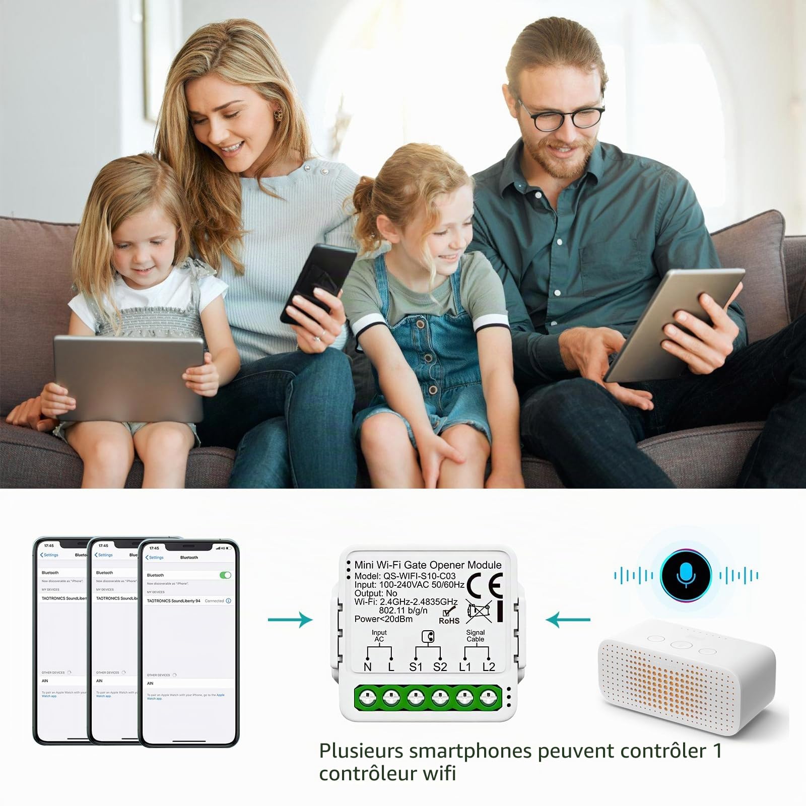 Module D’interrupteur Connecté de Garage, Commande Intelligente de Portail Roulant, Ouvre-Porte de Garage Connecté WIFI, Ouvre Portail Connecté Commande à Distance via L’application Smart Life/Tuya