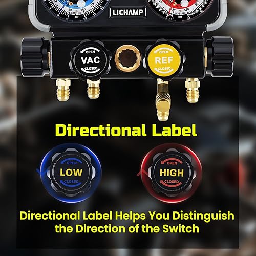 Miniatura 5 de Lichamp Manómetro rojo y azul de 4 vías, para R1234YF R134A