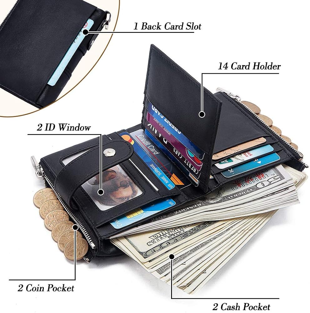 HUANLANG Bifold Mens Wallet Leather Rfid Wallets for Men with Zipper Coin Pocket Multi Card Holder Purse Vintage Men's Wallet Large Capacity