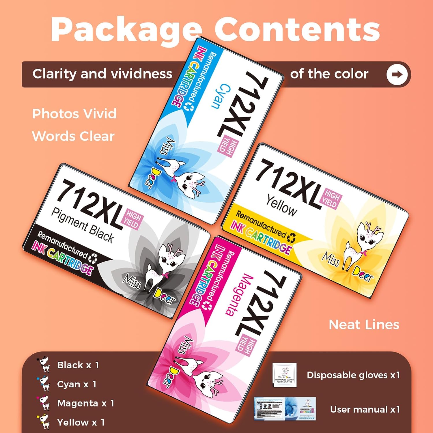 MS DEER 712XL Ink Cartridges 4-Pack (BK/C/M/Y) High Yield Compatible Replacement for HP 712 XL, for DesignJet T210 T230 T250 T630 T650 Studio Plotter Printer, Leak-Proof, Up to 2300 Pages Black