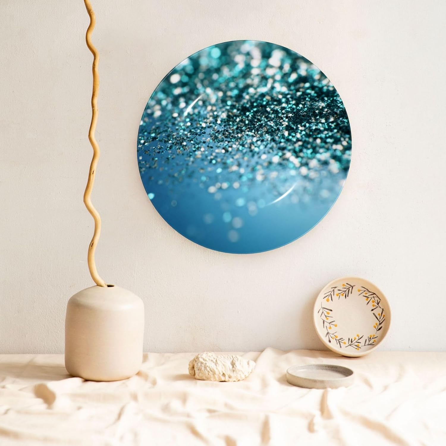 Decorative Plate 10in Bone China Dessert Plates with Display Stand Ceramic Ornament Ceramic Glittered blue background Decorative Plates Art Crafts Porcelain Plate for Home Club Living Room