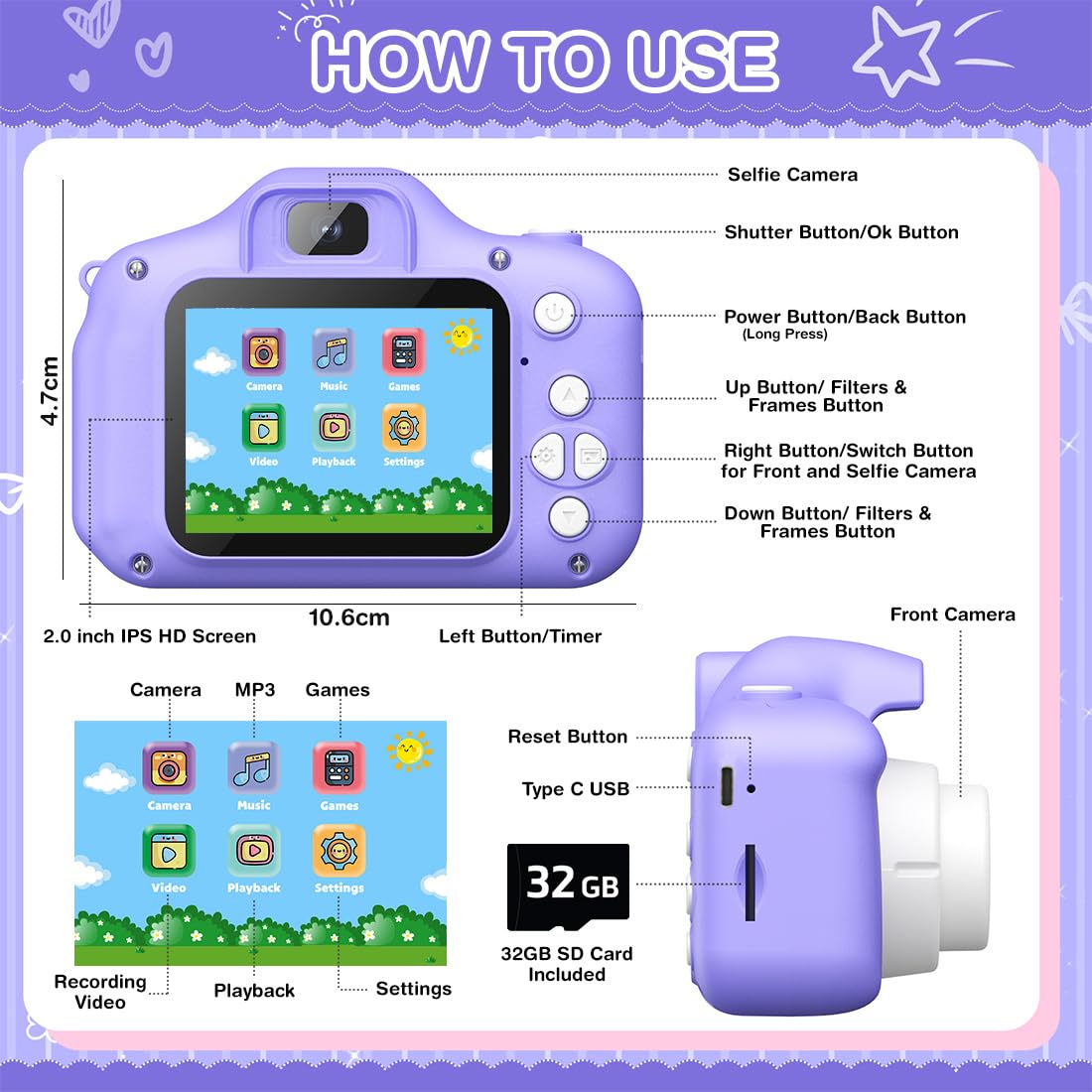 Wembley Unicorn Camera for Kids Toys 3-12 Years Old Girl Boys Gifts 32GB SD Card 1080P HD Video Cute Selfie Digital Kids Camera for Toddler Birthday Gift for 3 4 5 6 7 8 9-12 Years Old - Purple