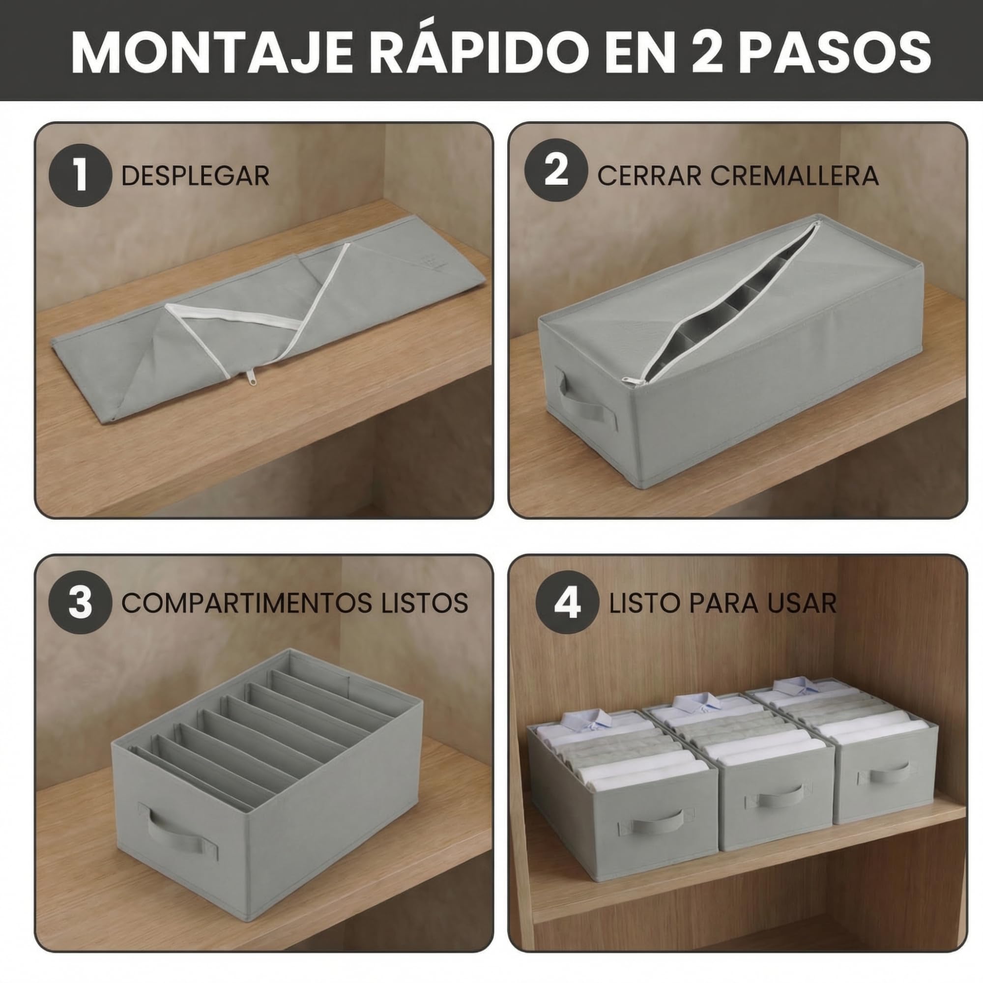 edihome, Organizador Armario, Separadores de Cajones para Camisetas y Ropa Interior, con Compartimentos, Cajas Organizadoras Armarios (Gris Claro, Pack 3-8 Compartimentos)