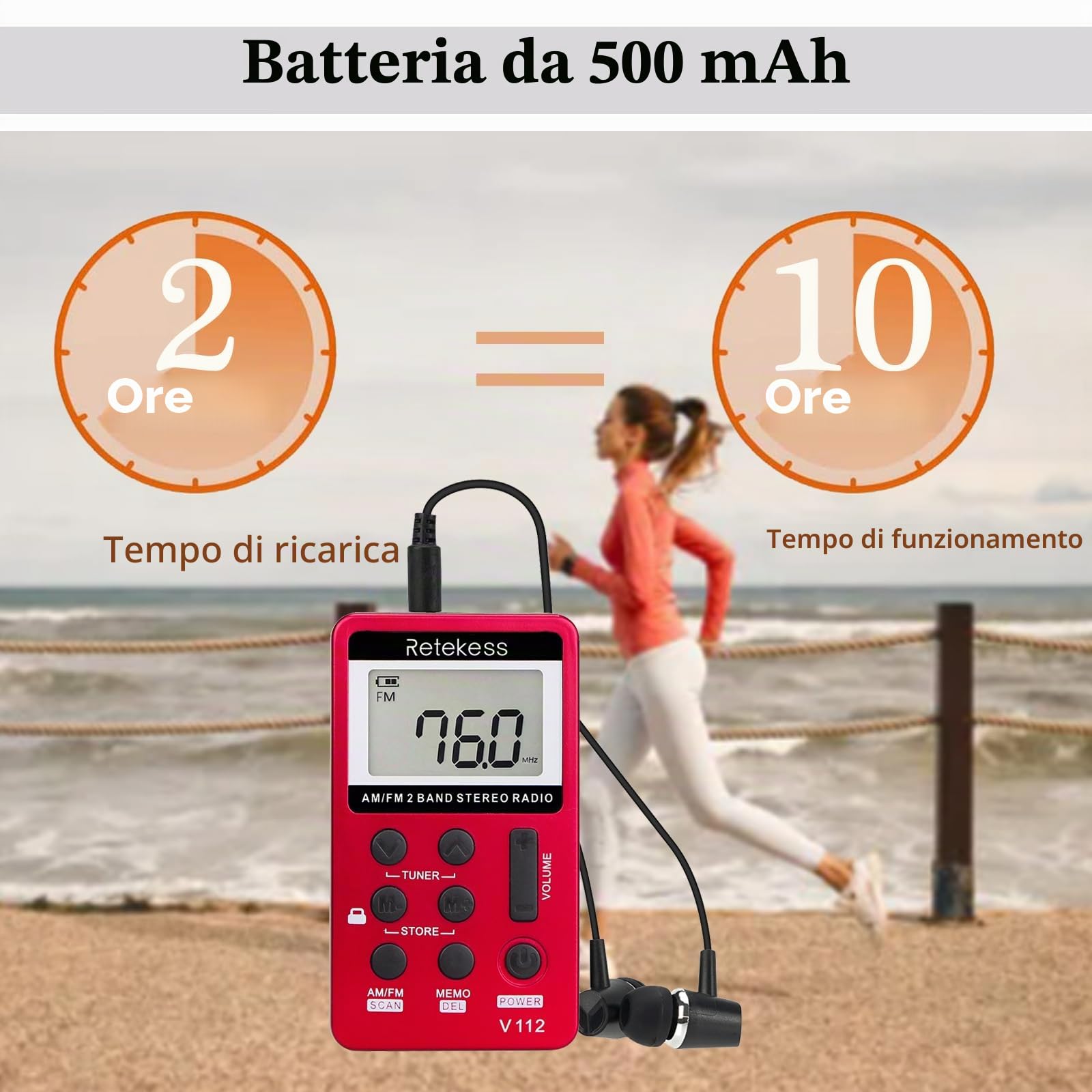 Retekess V112 Mini Radio Portatile AM FM Ricaricabile con Cuffie a Batteria Rosso