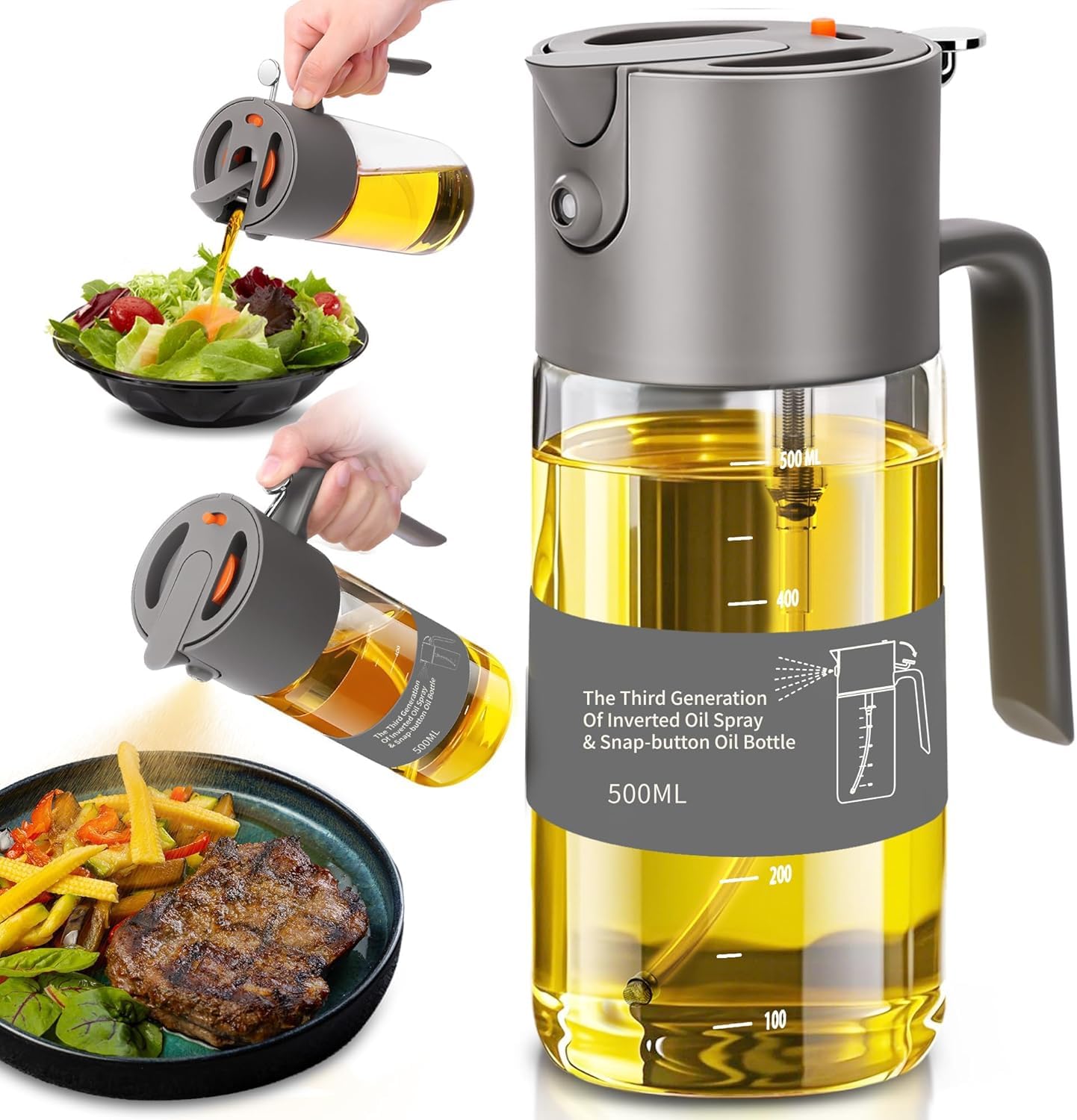TALLIN Glass Oil Sprayer, 500ml/17oz Dispenser Bottle, Grey, Leak Proof Design with Portion Control for Kitchen, Air Fryer, Salad, BBQ, Model TS-1350 grey