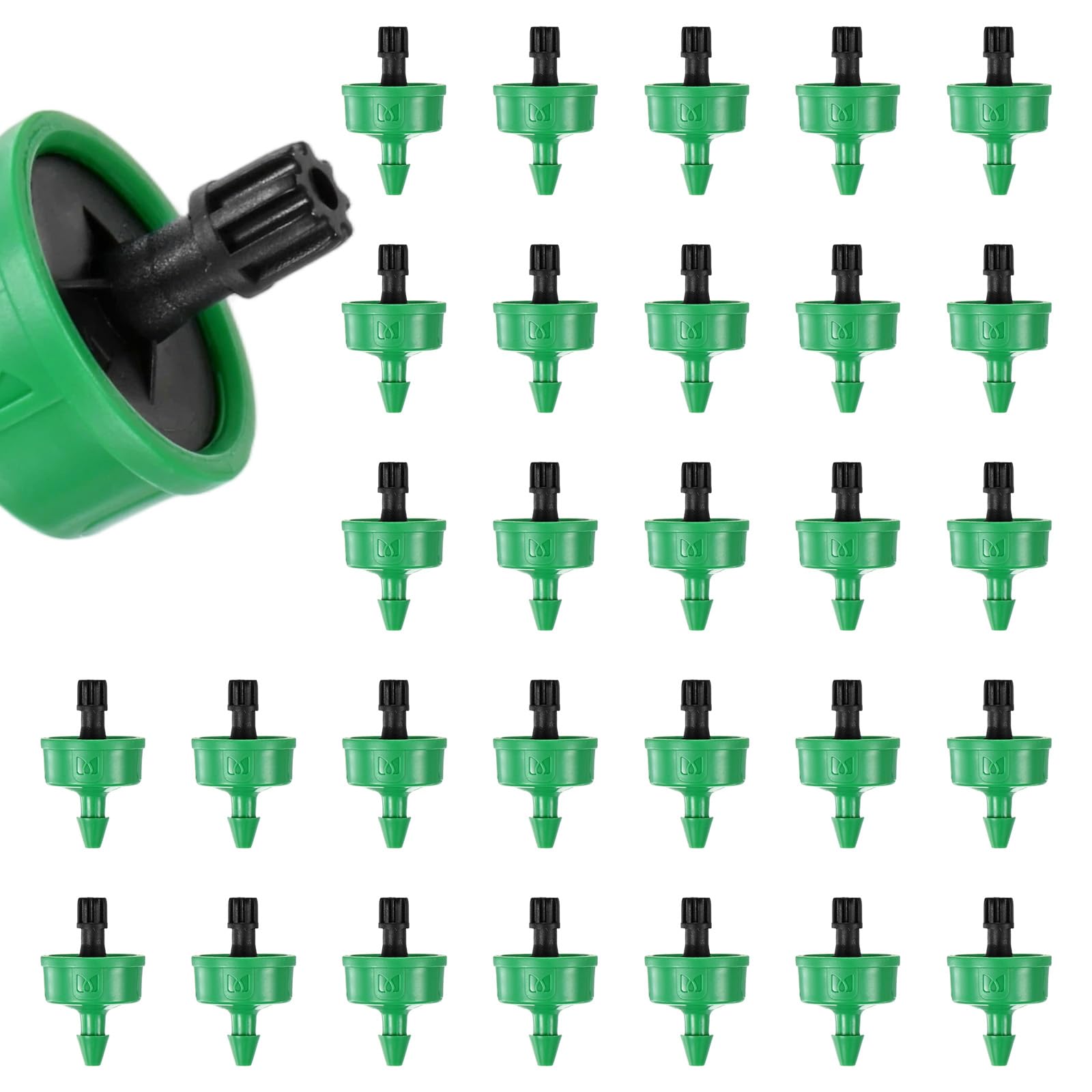M METERXITY 30-Pack 1.1 GPH Pressure Compensating Drippers, Drip Irrigation Emitters for Garden Lawn/Pots Plant Irrigation Systems, Drip Sprinkler Heads [Green+Black]