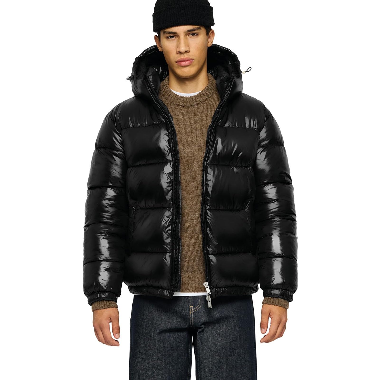 Piumino da uomo con cappuccio staccabile, cappotto invernale ampio, tasche interne e gilet liscio "giù" giù" cappotto bolla oversize streetwear caldo con cappuccio Slick Shell