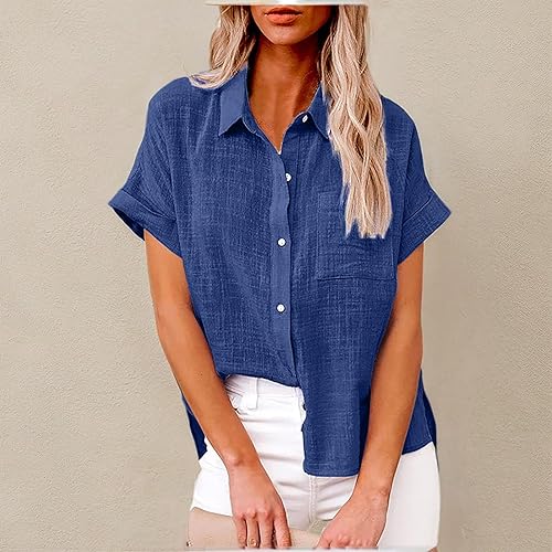 Miniatura 5 de SMIDOW Camisas de lino de algodón con botones para mujer, cuello en V, manga corta, enrollables, blusas de cuello holgado, blusas casuales de trabajo
