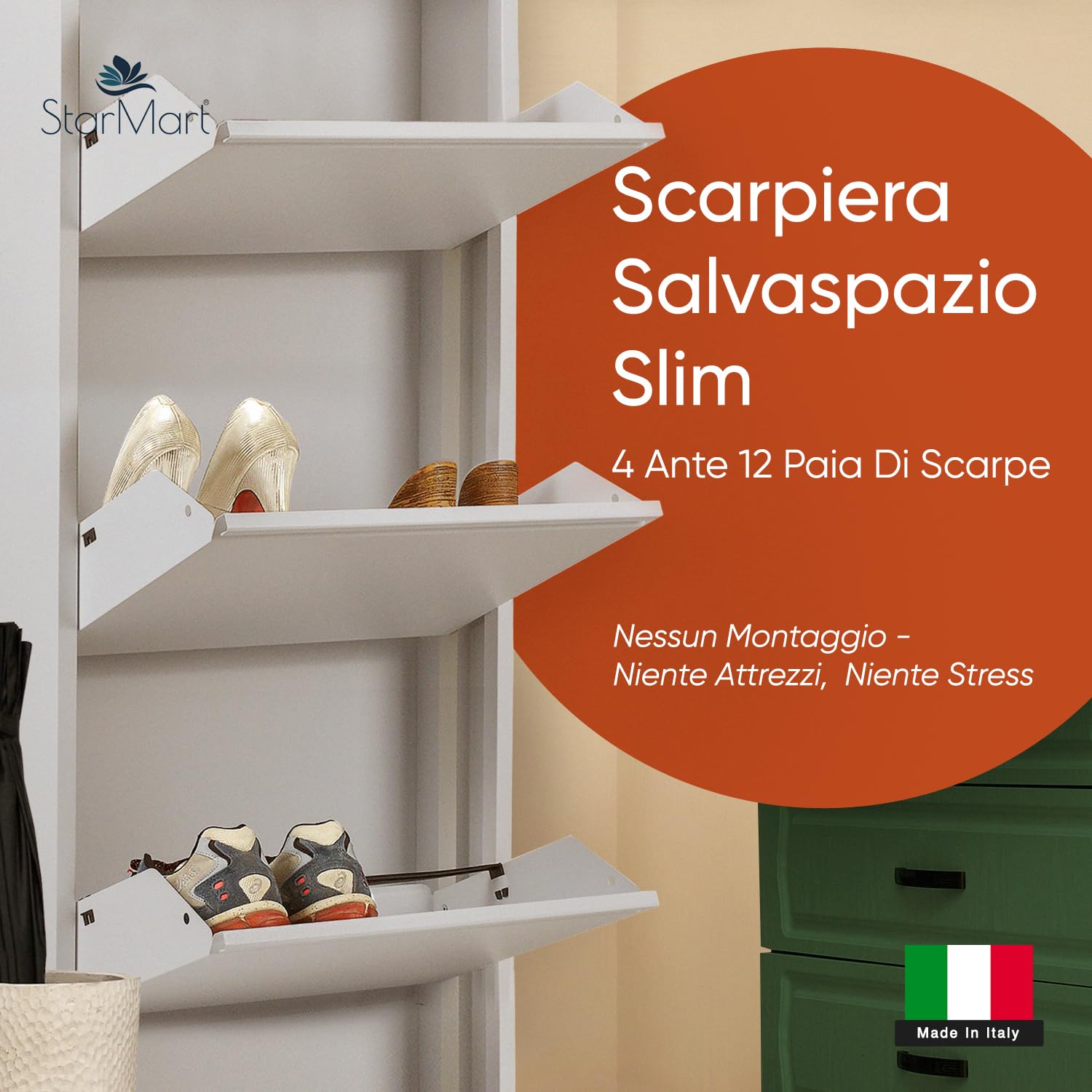 StarMart Scarpiera Salvaspazio Slim GRIGIO (4 Ante 12 Paia, Nessun Montaggio) Struttura in Metallo resistente (no plastica, tessuto, or legno), per Interni/Esterni, Scarpe/Stivali, Garanzia 15 Anni