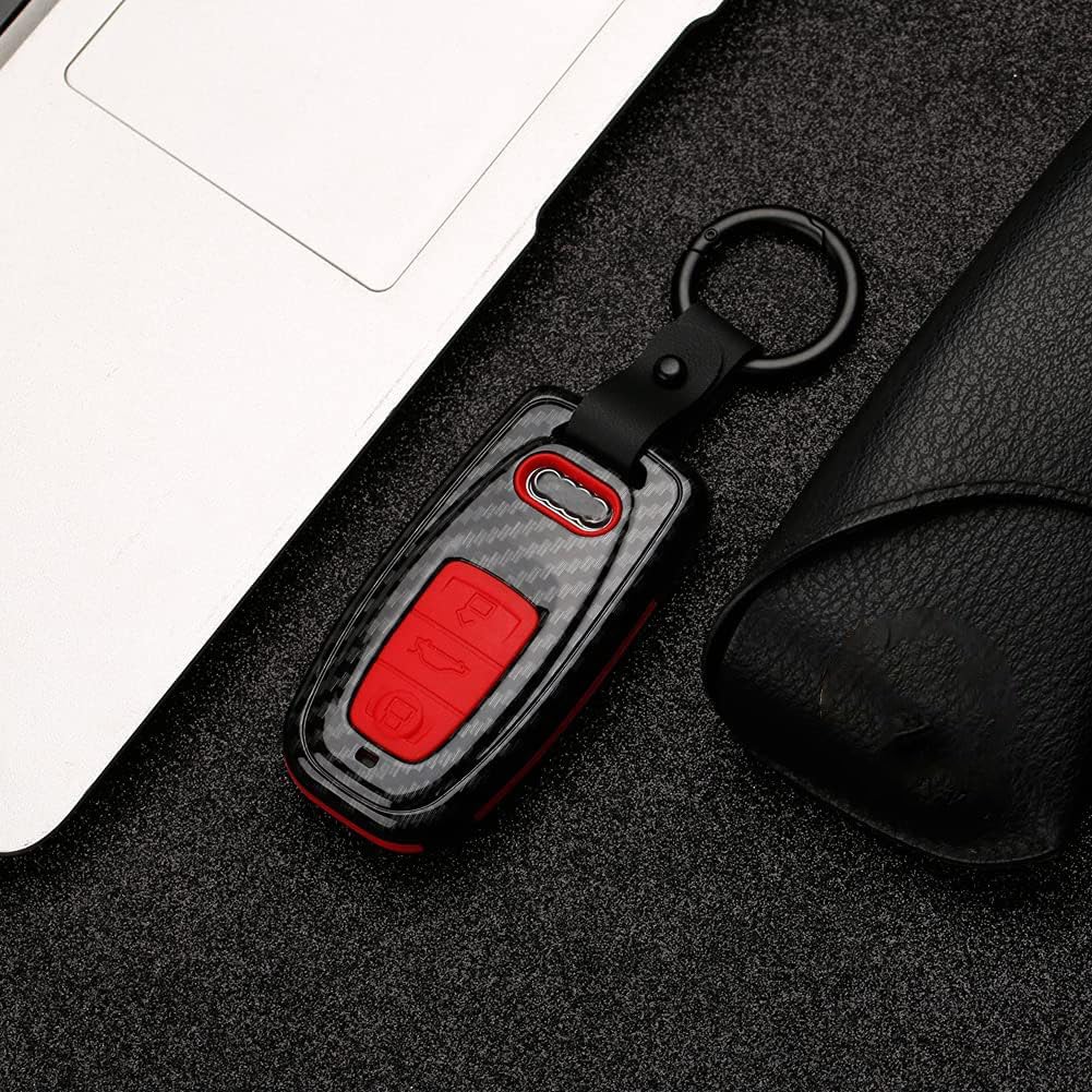 Beerte Key Fob Cover fit for Audi A3 A4 A5 A6 A7 A8 S5 Q3 Q5 Q7 TT Key Shell 3 Button Keyless Entry Remote Control Smart Car Key Fob Protective Case(Red Carbon Fiber)