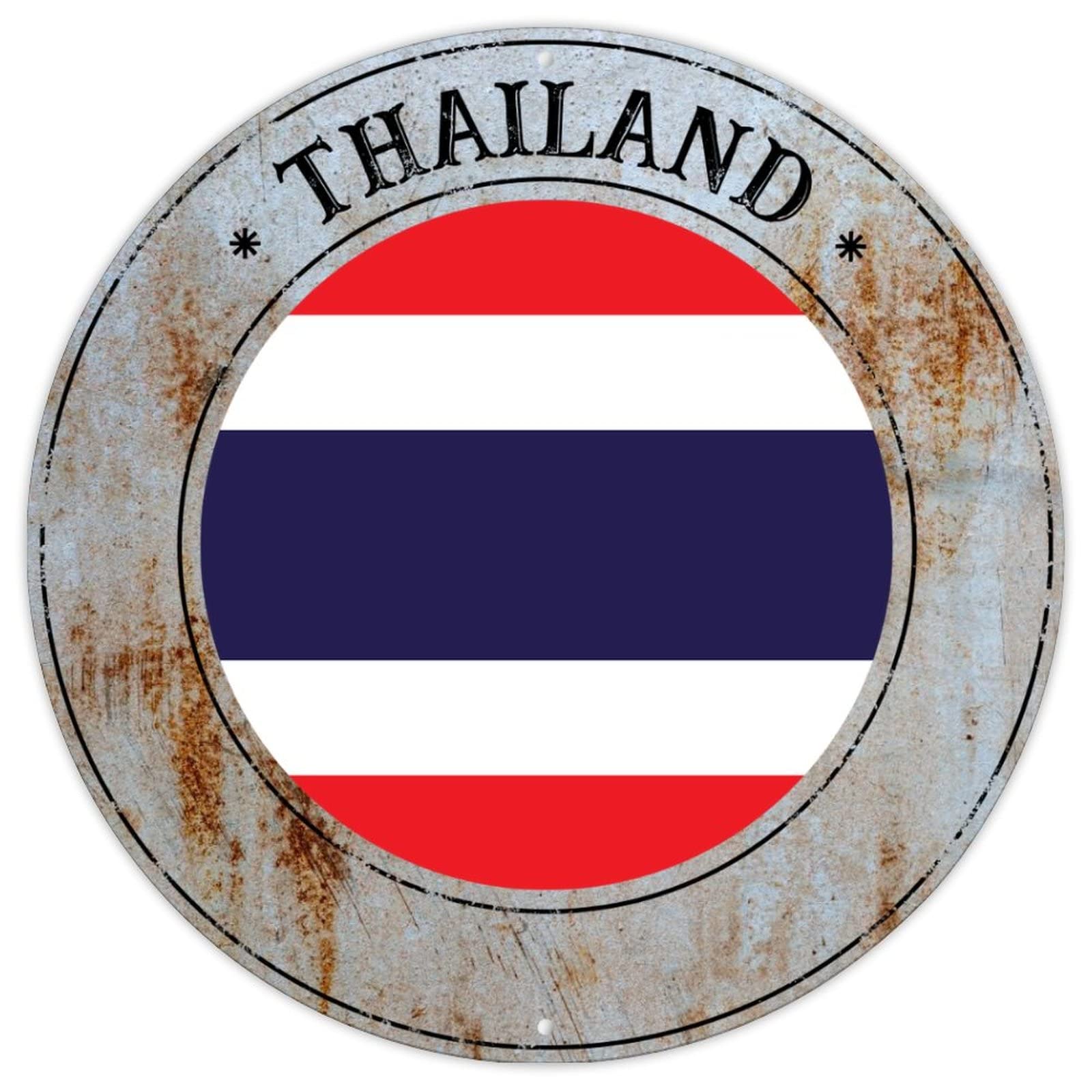 Cowkisssign Thailand Metal Signs Thailand National Flag Vintage Metal Wall Decor Country Souvenir Round Sign Quality Metal Sign For Laundry Room Living Room 9X9in Housewarming Gift New Home Decor