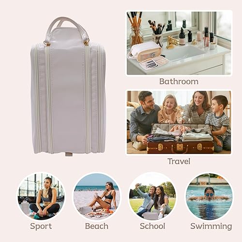 Miniatura 6 de Bolsa de maquillaje de viaje con soporte para cepillos, bolsas de cosméticos de gran capacidad para mujeres, bolsa portátil de cuero organizador de