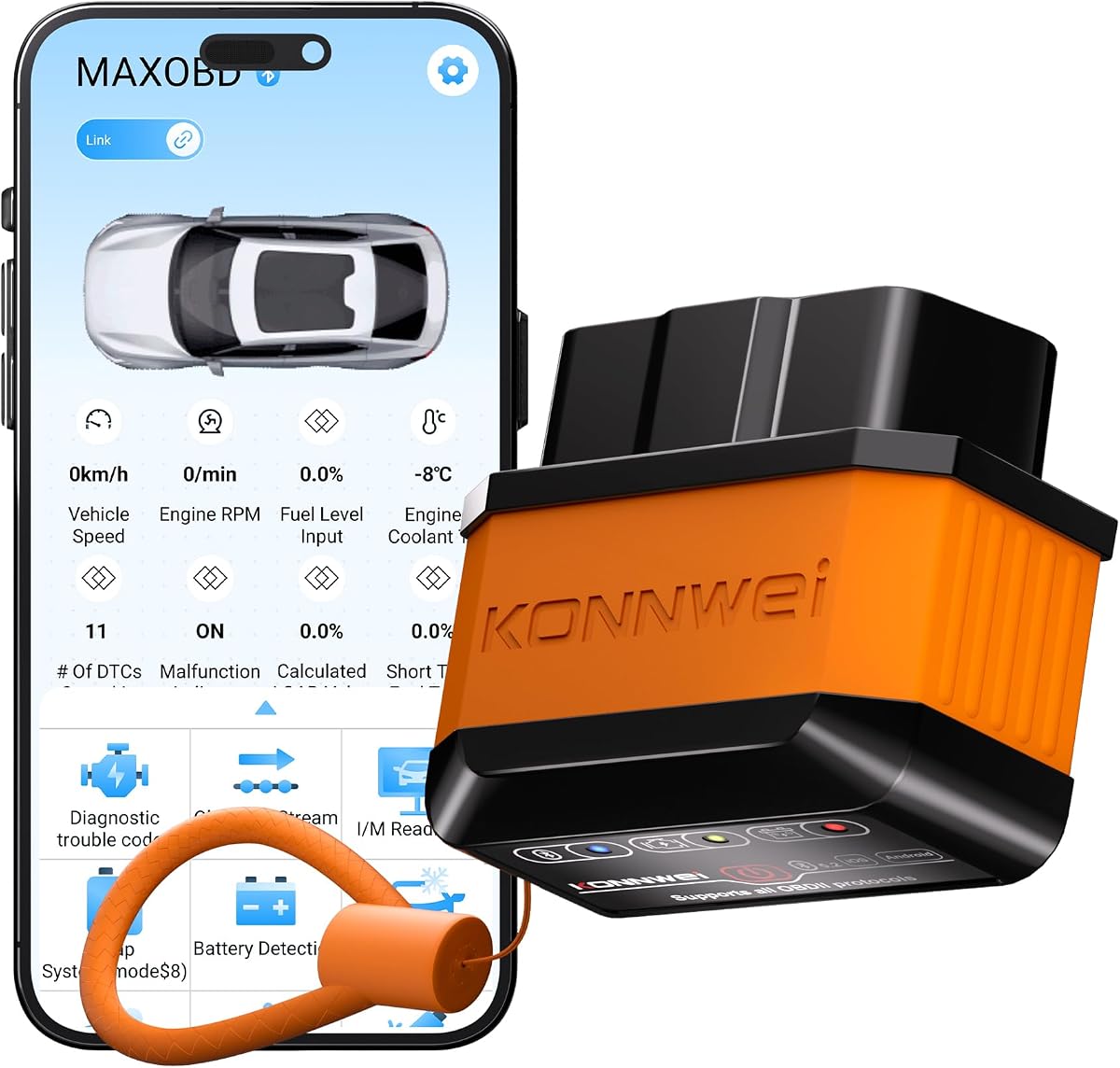 KONNWEI OBD2 Lector de códigos de motor con escáner Bluetooth con botón de encendido/apagado | Escáner inalámbrico para automóvil con prueba de voltaje de batería Transmisión de datos en vivo Cuadro congelado Preparación I/M para iOS y Android