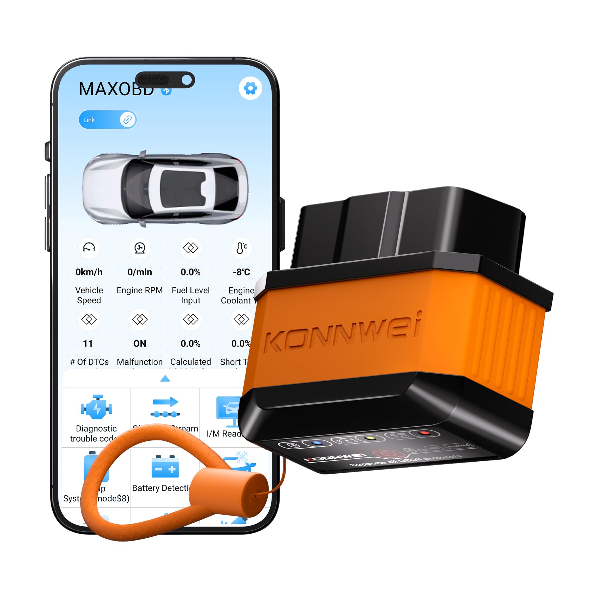 KONNWEI OBD2 - Dispositivo diagnostico Bluetooth, scanner wireless per auto, lettore di codici diagnostici con interruttore di alimentazione - Strumenti diagnostici OBD-II per iOS, Android e Windows