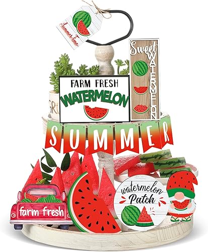 Juego de 13 piezas de decoración de bandeja escalonada de sandía de verano, decoración de cocina rústica, artículos de decoración de bandeja de