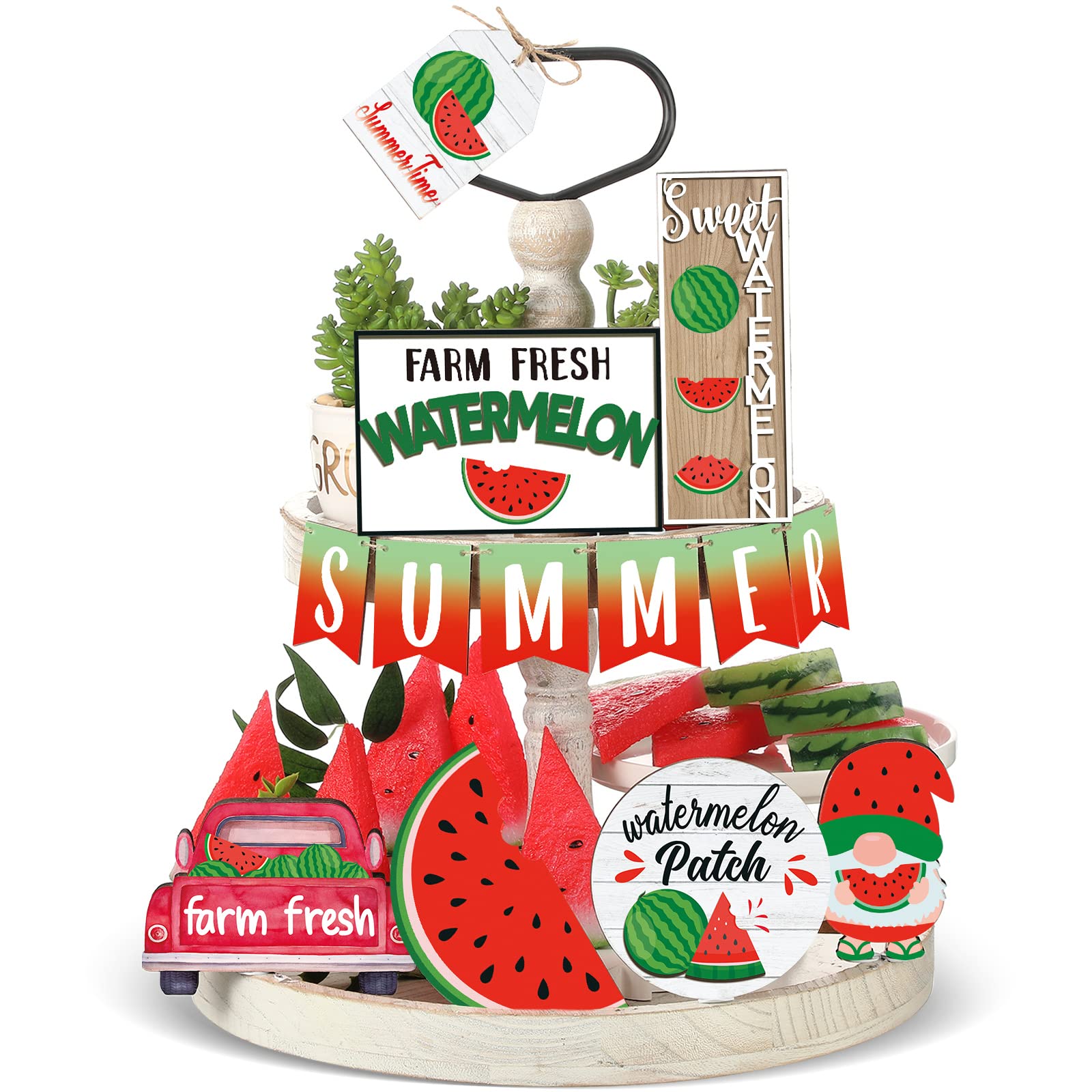 Purpeak 13 Pcs Summer Watermelon Tiered Tray Decor Set Summer Kitchen Decor Rustic Farmhouse Tier Tray Decor Items Watermelon Gnome Wooden Signs for Watermelon Party Decor Summer Home Decoration