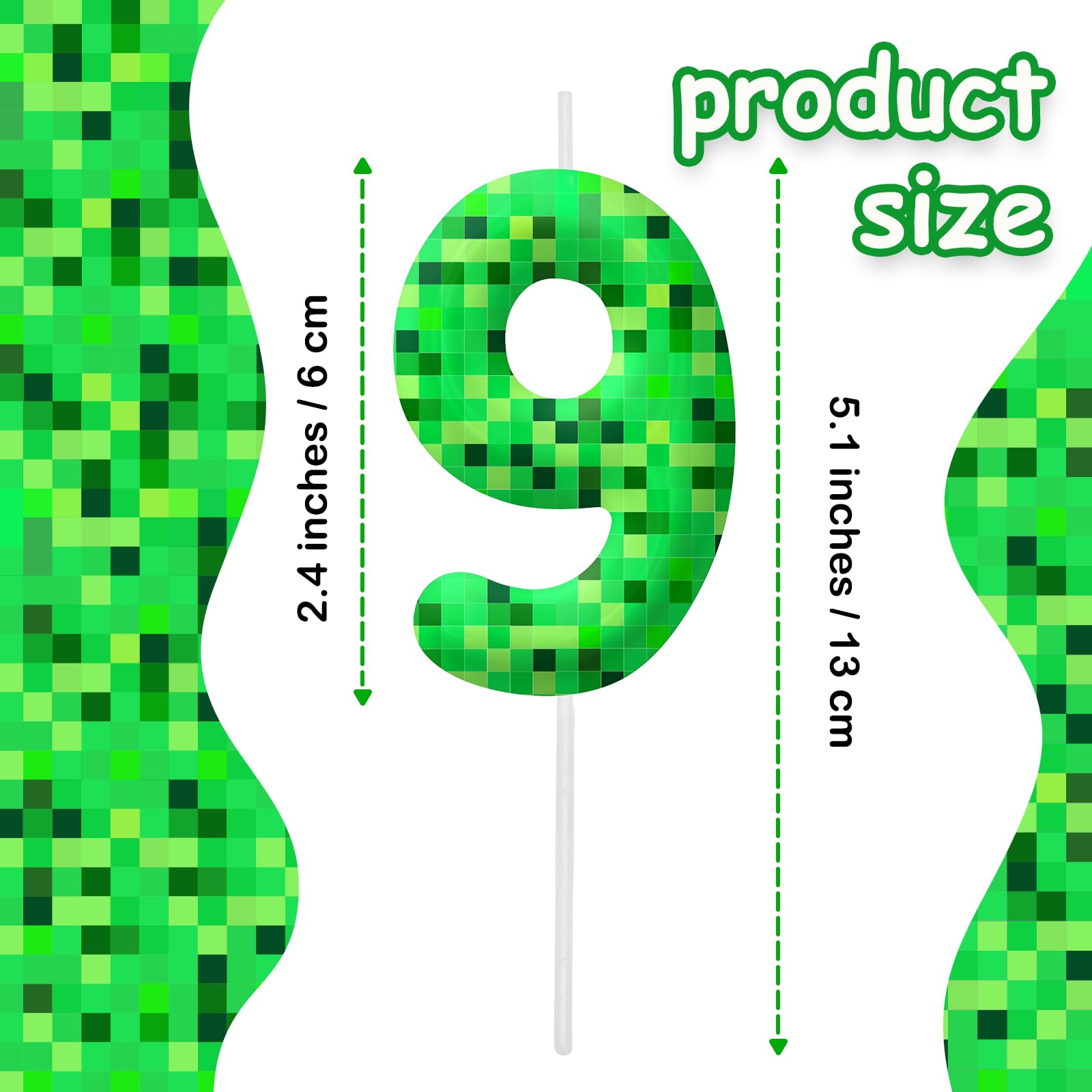 Green Pixel 9th Birthday Number Candles, Number 9 Candle Cake Topper Decorations for Green Pixel Game Themed Parties, Birthday Cake Candles for Boys Girls Kids Party Supplies