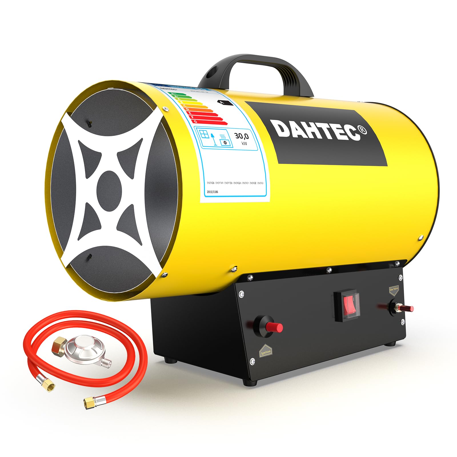 Calefactor de Gas Auxiliar 30 kW - Cañón de Calor - Radiador Soplante de Gas - Calefacción Radiante Con Ventilador - Soplador de Aire Caliente para Obras, Amarillo