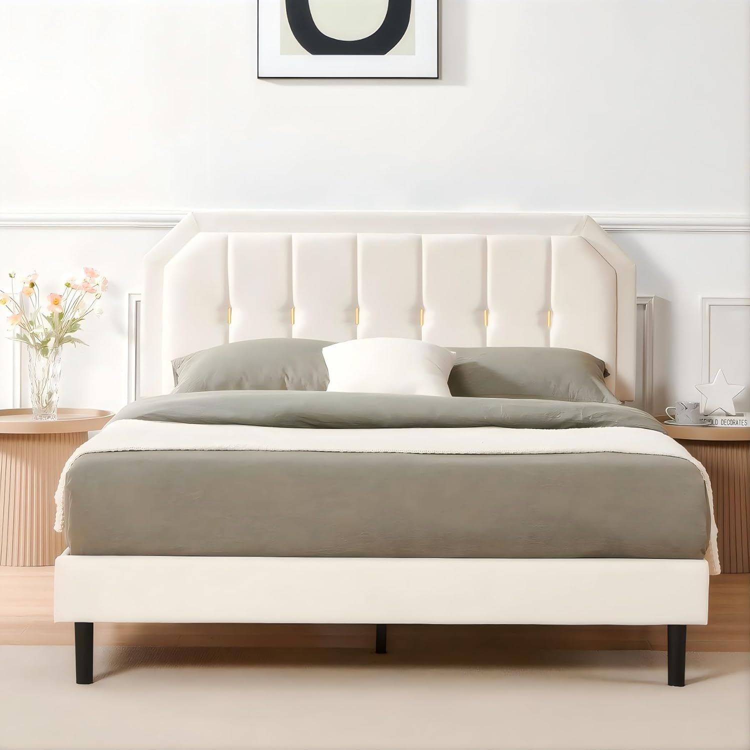 Queen Bed Frame, Velvet Upholstered Platform Bed with Golden Trim, Modern Style Bed with Adjustable Headboard, No Box Spring Needed, Strong Wooden Slats, No-Noise, Easy Assembly, Beige