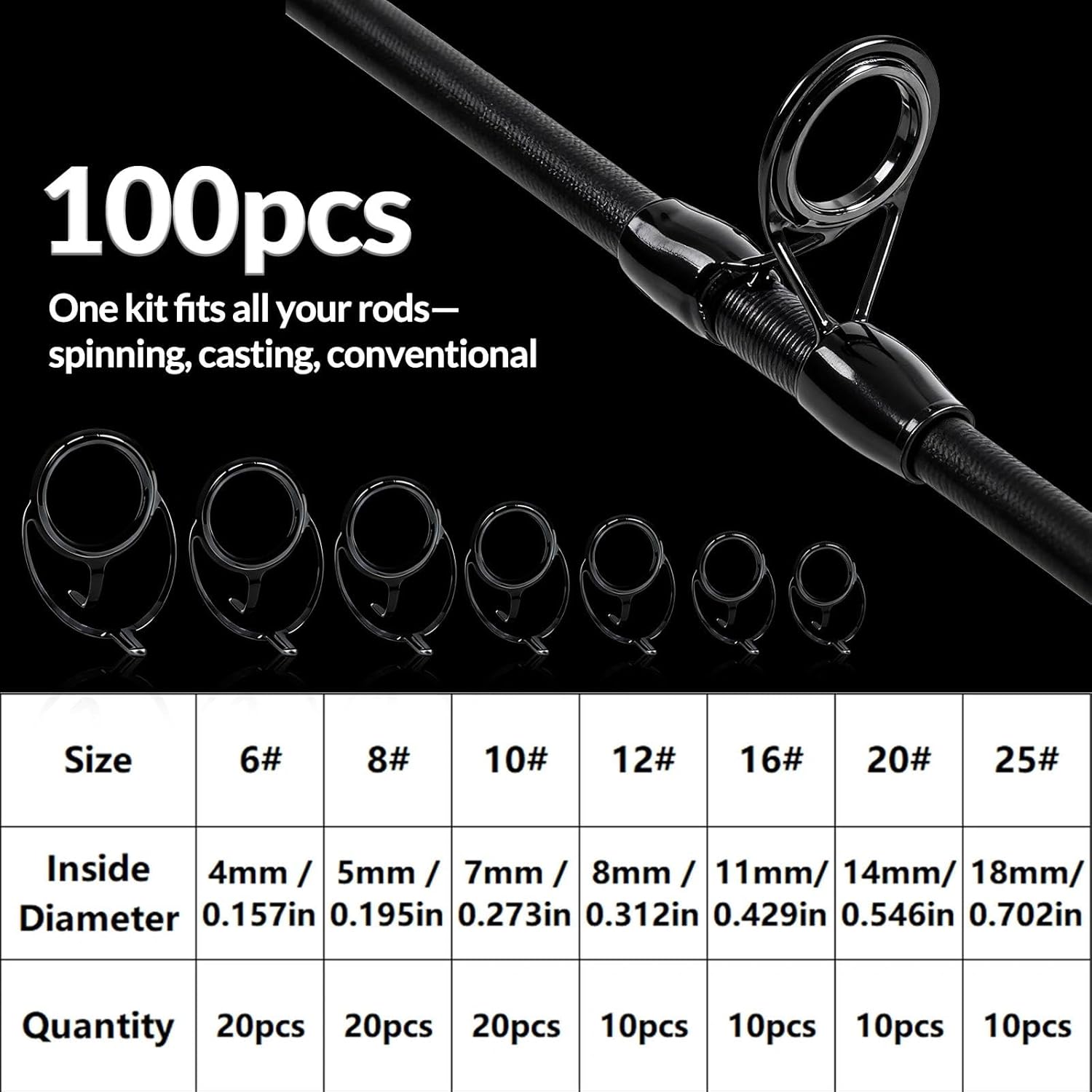 9KM DWLIFE Fishing Rod Repair Kit (50/100/120Pcs), Fishing Rod Guides with Zirconia Inserts, Spinning & Casting Rod Eyelets Replacement, Fishing Pole Repair Parts for Saltwater Freshwater