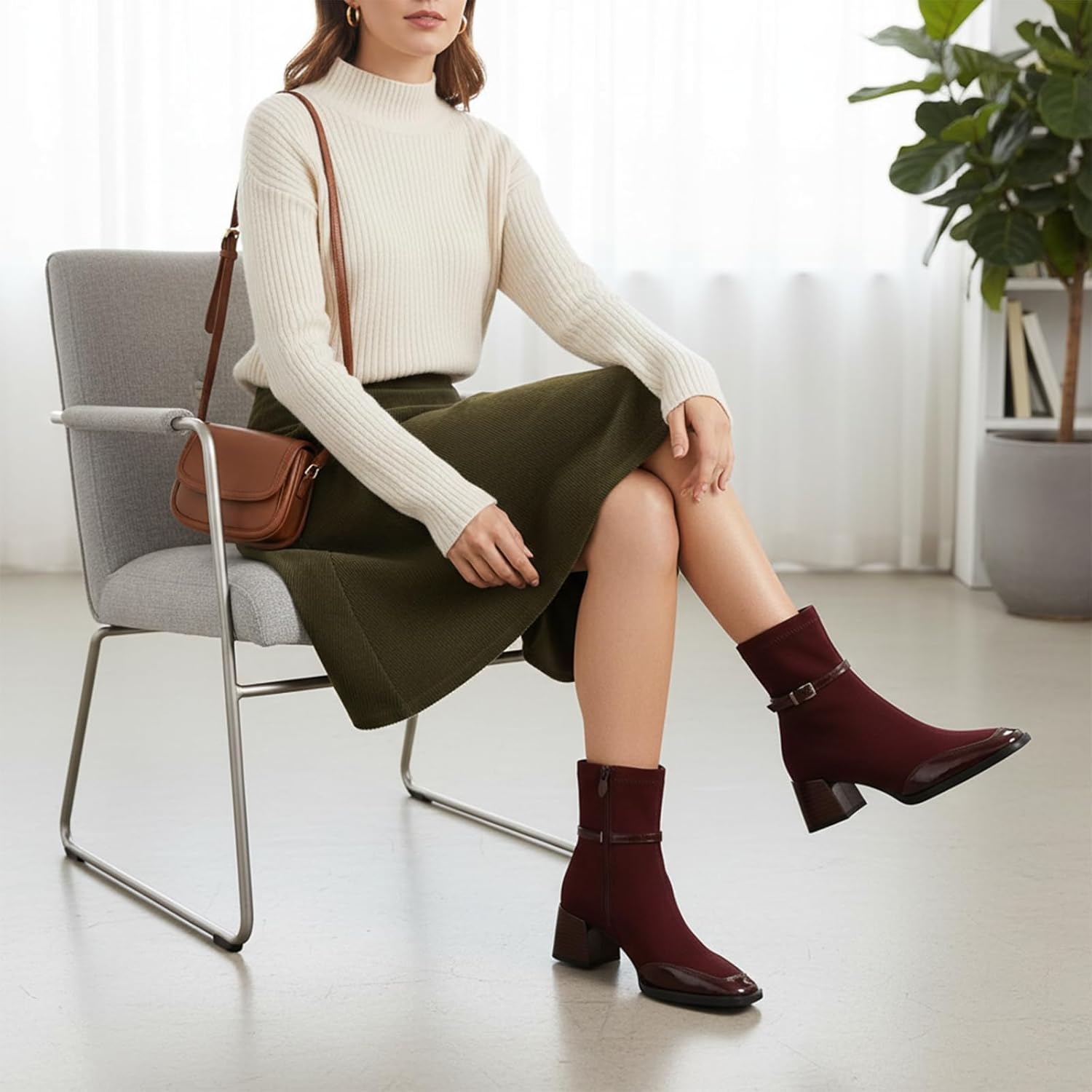 Women’s Square Toe Block Heel Ankle Boots – Faux suede with Patent Leather Trim, Side Zipper Buckle Strap Casual Dressy Sock Boots For parties, dates, weddings - Image 7