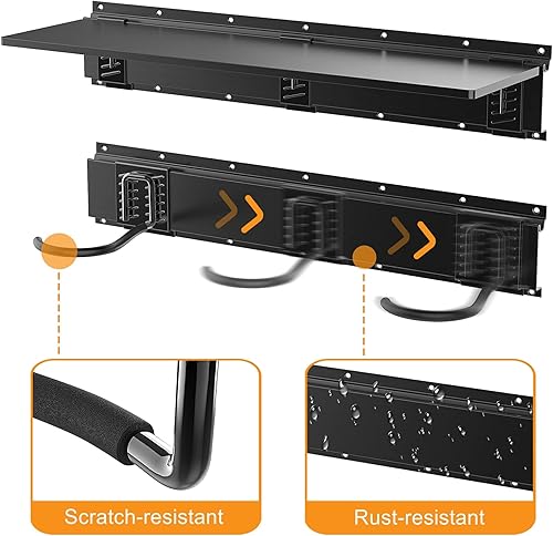 Miniatura 5 de TORACK Estante de almacenamiento para bicicletas con estante, 6 ganchos para bicicletas para cochera y cobertizo para el hogar, ahorro de espacio,