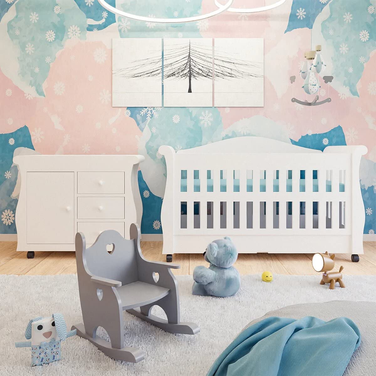 TBS Snow Angle Theme Cot Set for Baby| (Cot/Changing Table/Rocking Chair) | Finish - DUCO| Size -56 x 27 Inches| Color -Ivory