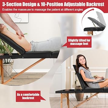 Giantex 84inch Folding Massage Table Lash Bed, Portable 3 Sections Spa Salon Tattoo Bed with Face Cradle Armrests Wooden Legs, Professional Massage Bed Height Adjustable with Carry Case (Black)