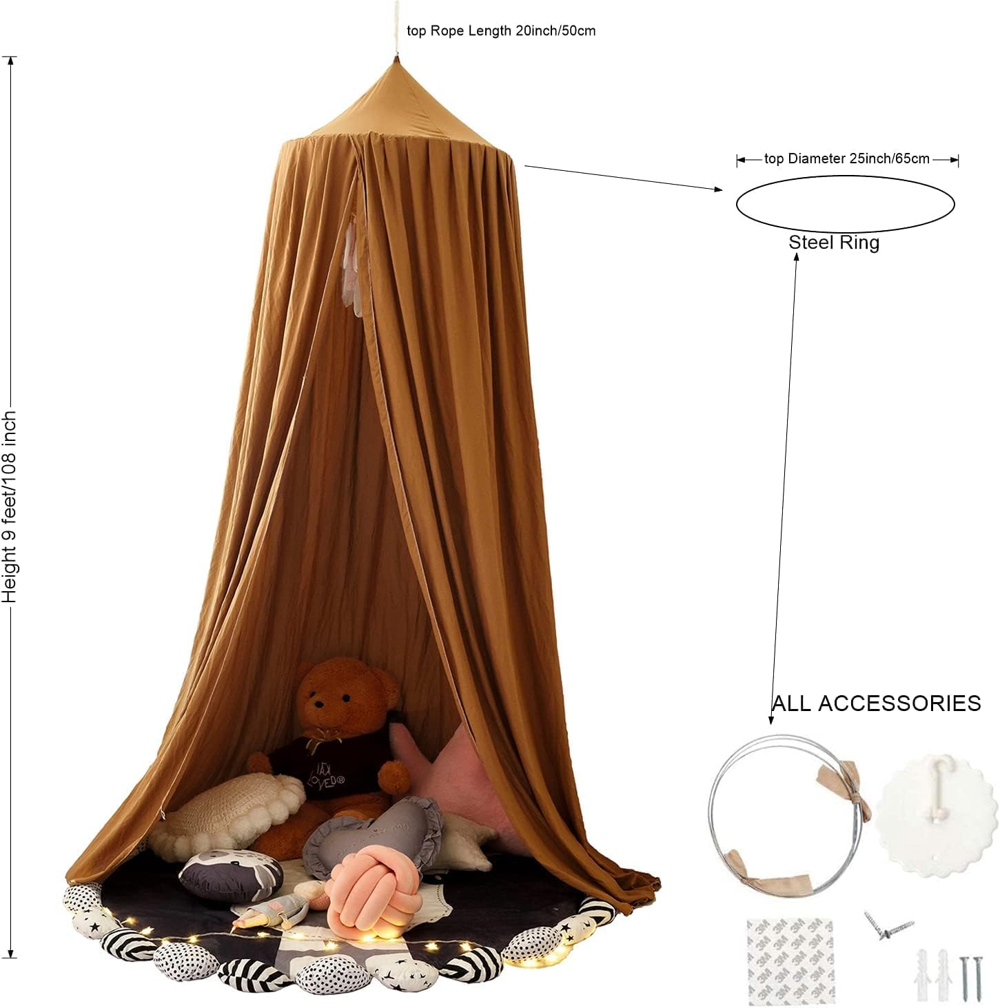 Bed Canopy, Round Dome Mosquito Net Indoor Outdoor Castle Hanging House Decoration Reading Nook Playing Home Decoration(Coffee)